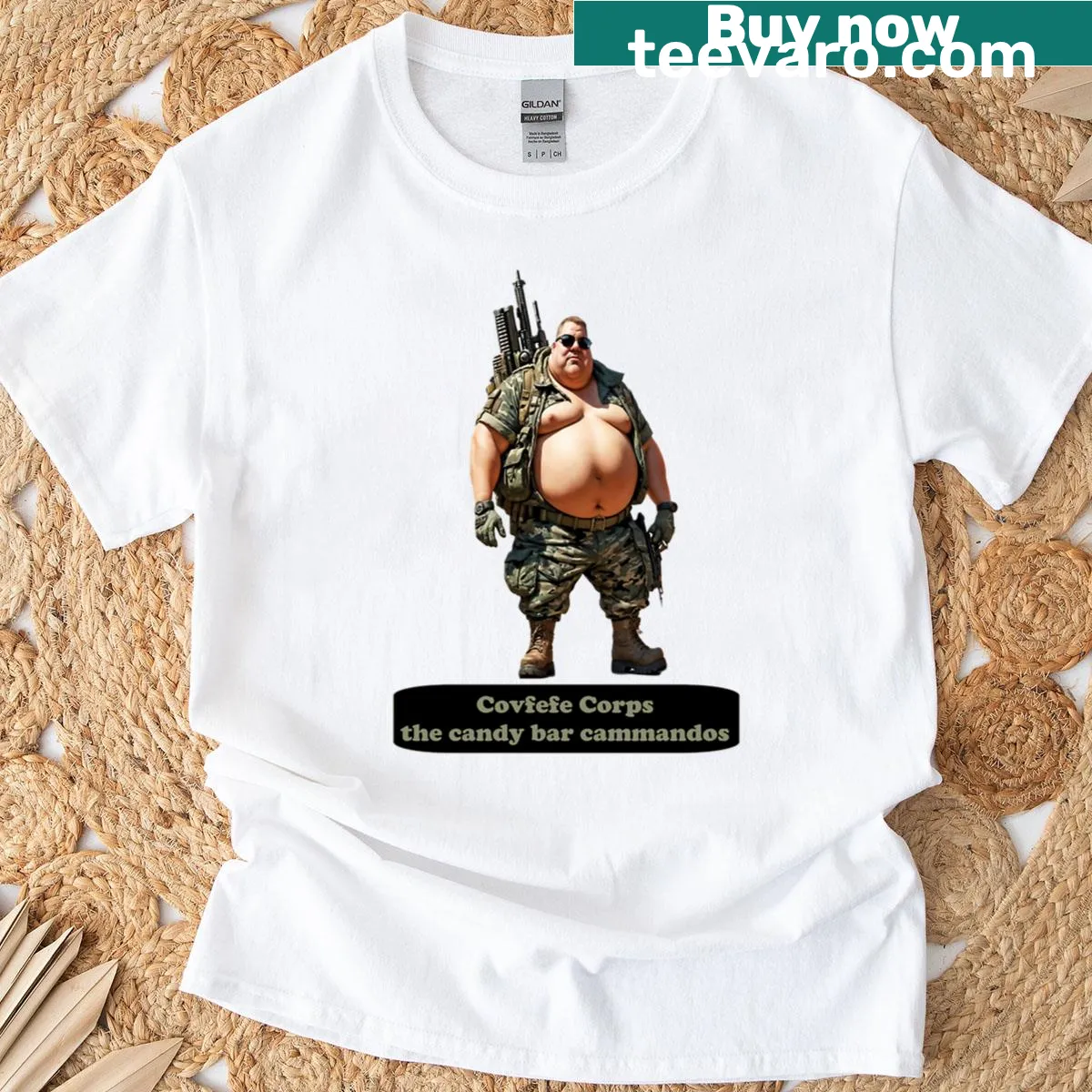 Funny T-shirt featuring 'Covfefe Corps' text in a playful design — on a men's t-shirt
