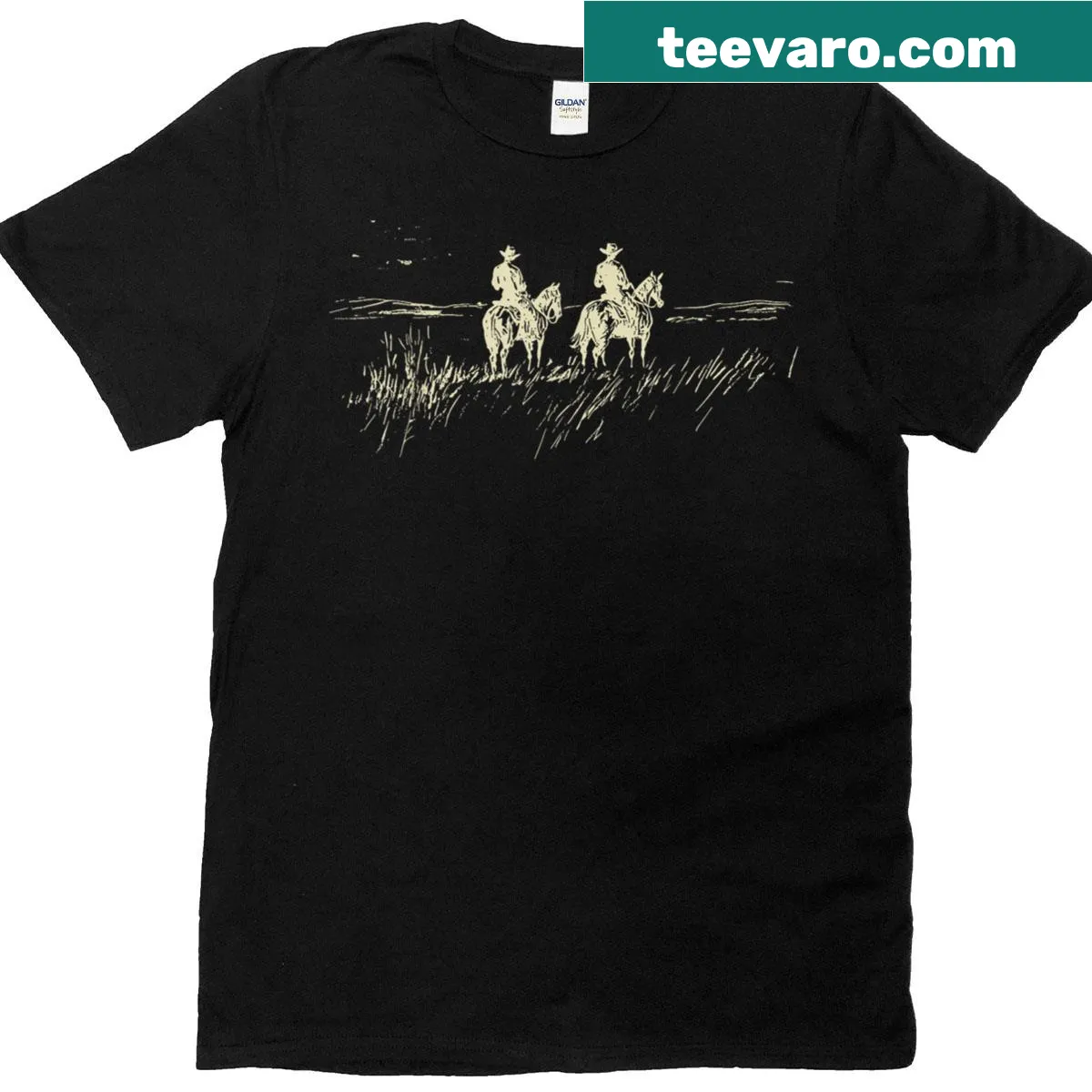 Vintage western cowboy graphic t-shirt featuring cowboys on the horizon — on a men's t-shirt
