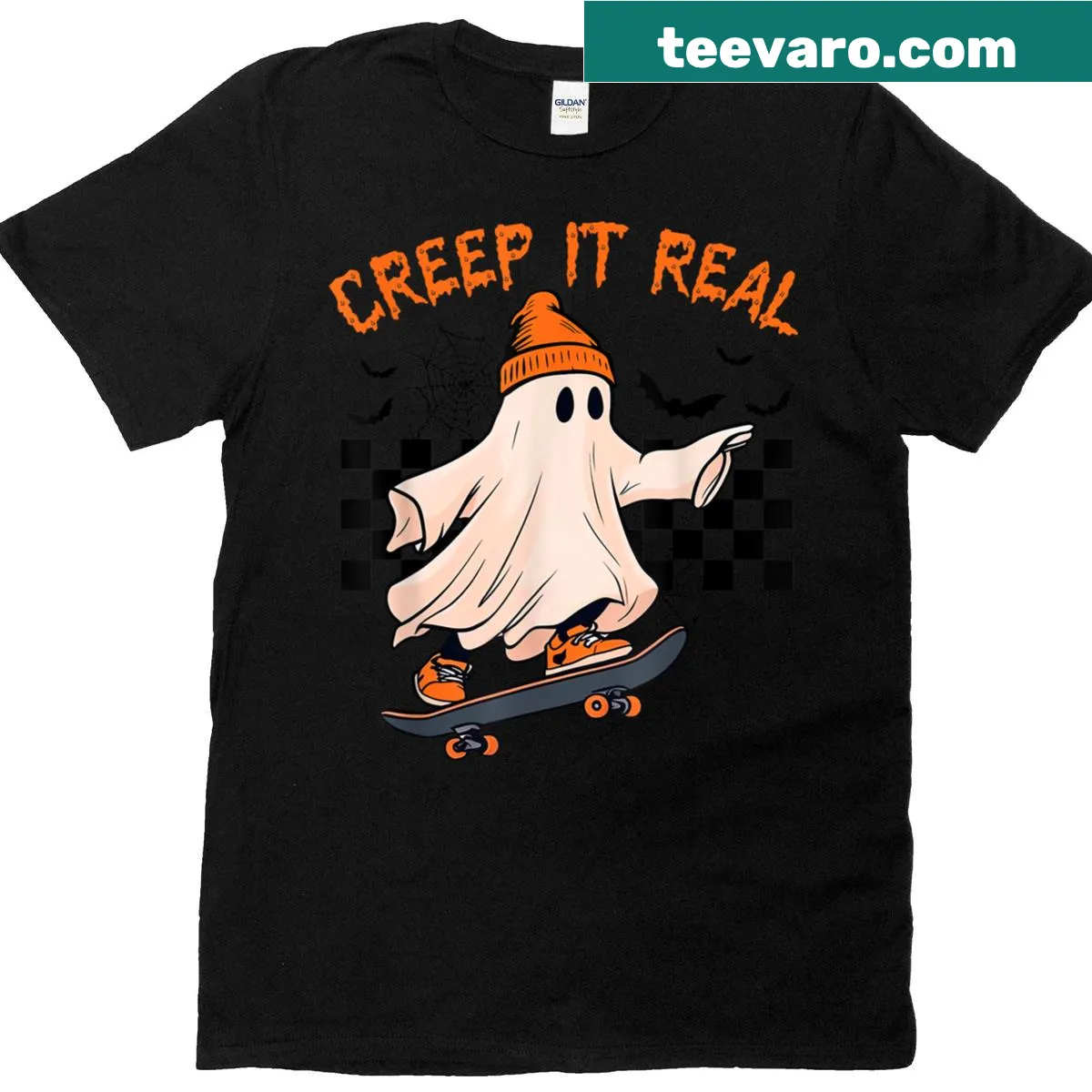 Vintage-style T-shirt with a ghost skater graphic for Halloween. — on a men's t-shirt