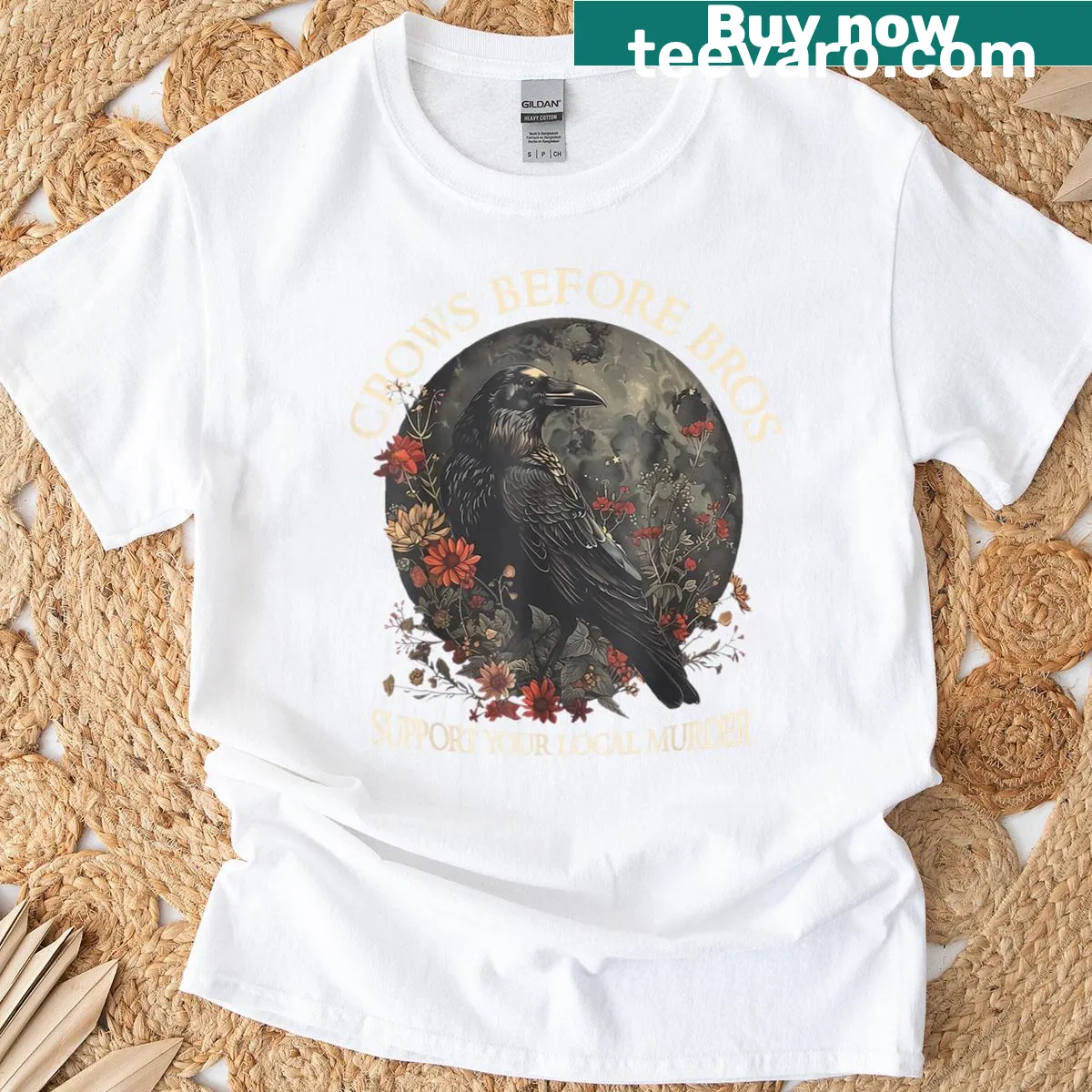 Vintage floral t-shirt with 'Crows Before Bros' text — on a men's t-shirt