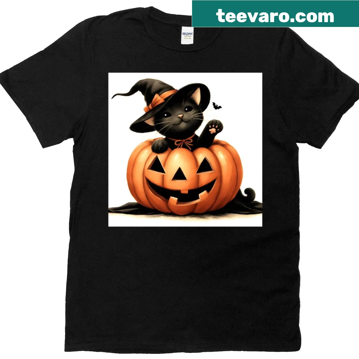 Black cat and Jack O Lantern graphic on T-shirt — on a men's t-shirt