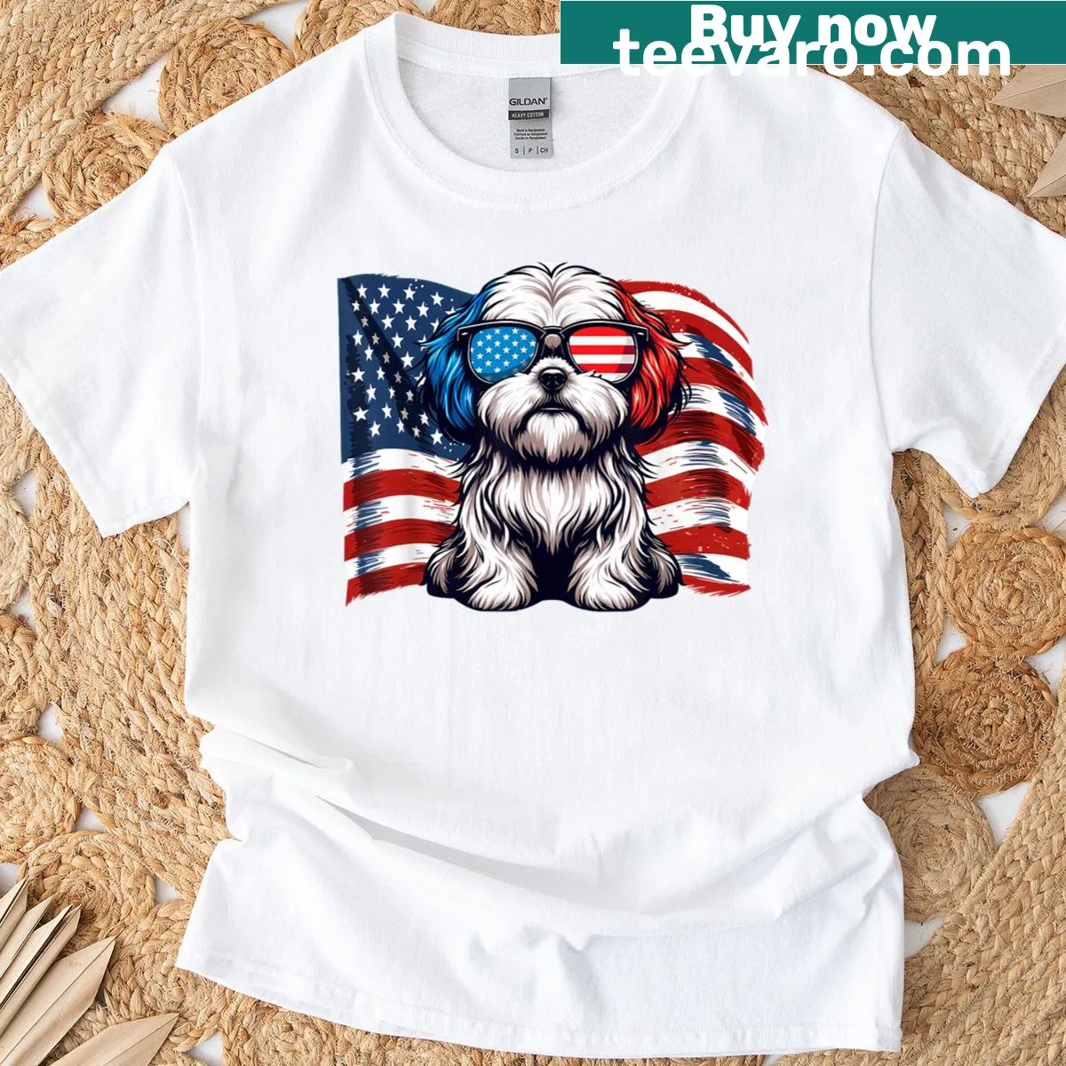 Lhasa Apso with sunglasses and American flag on a patriotic T-shirt — on a men's t-shirt