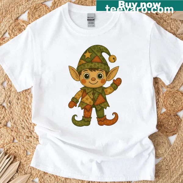 Vintage Christmas elf folk art design on a cute t-shirt
