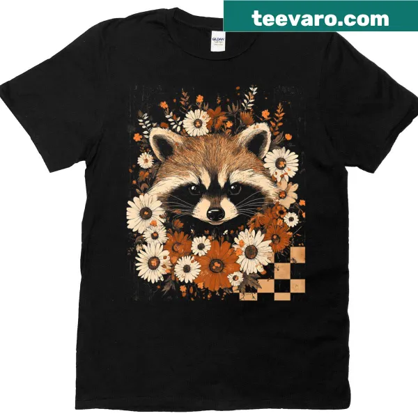 Adorable raccoon illustration t-shirt with daisies
