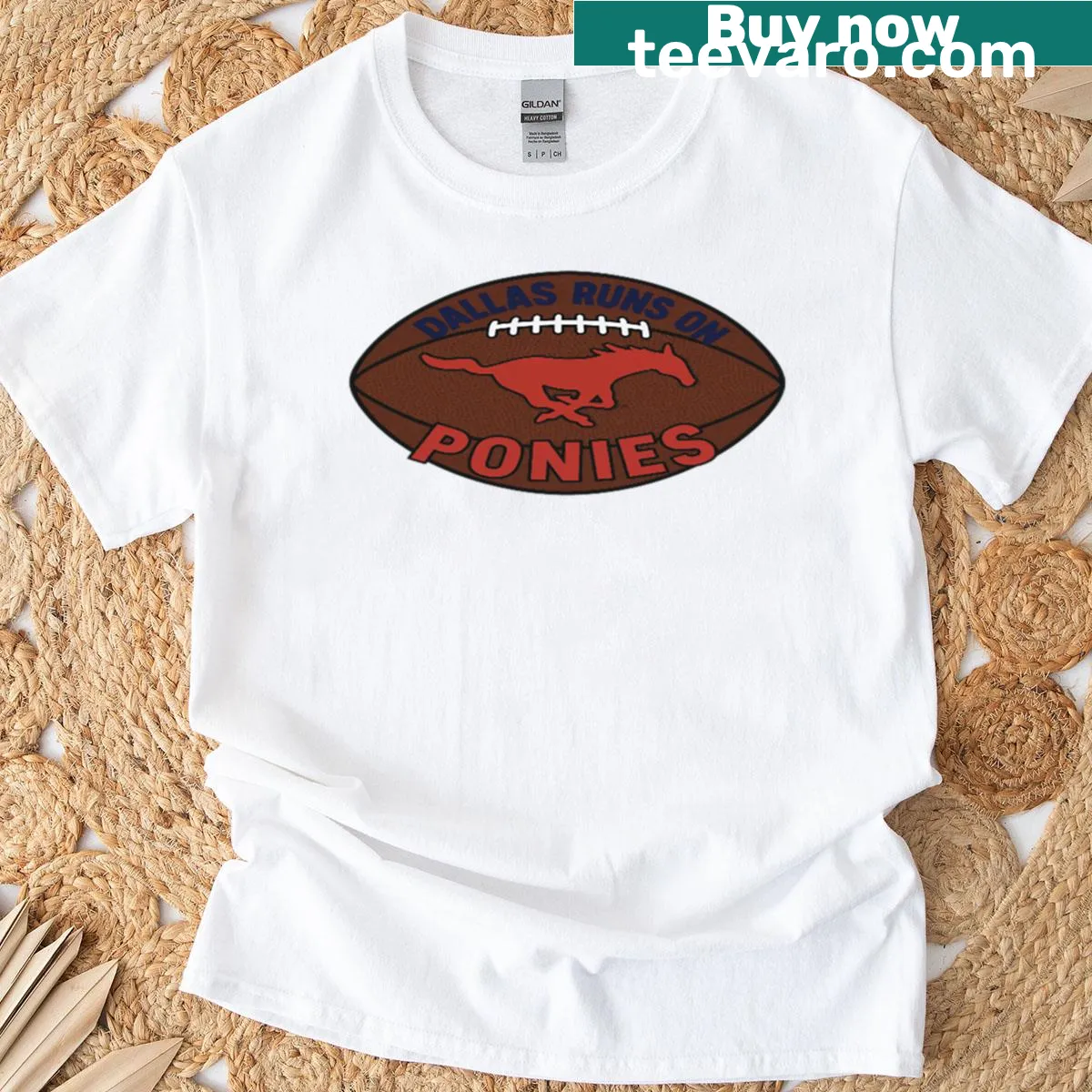 Graphic T-shirt featuring playful ponies and SMU spirit — on a men's t-shirt
