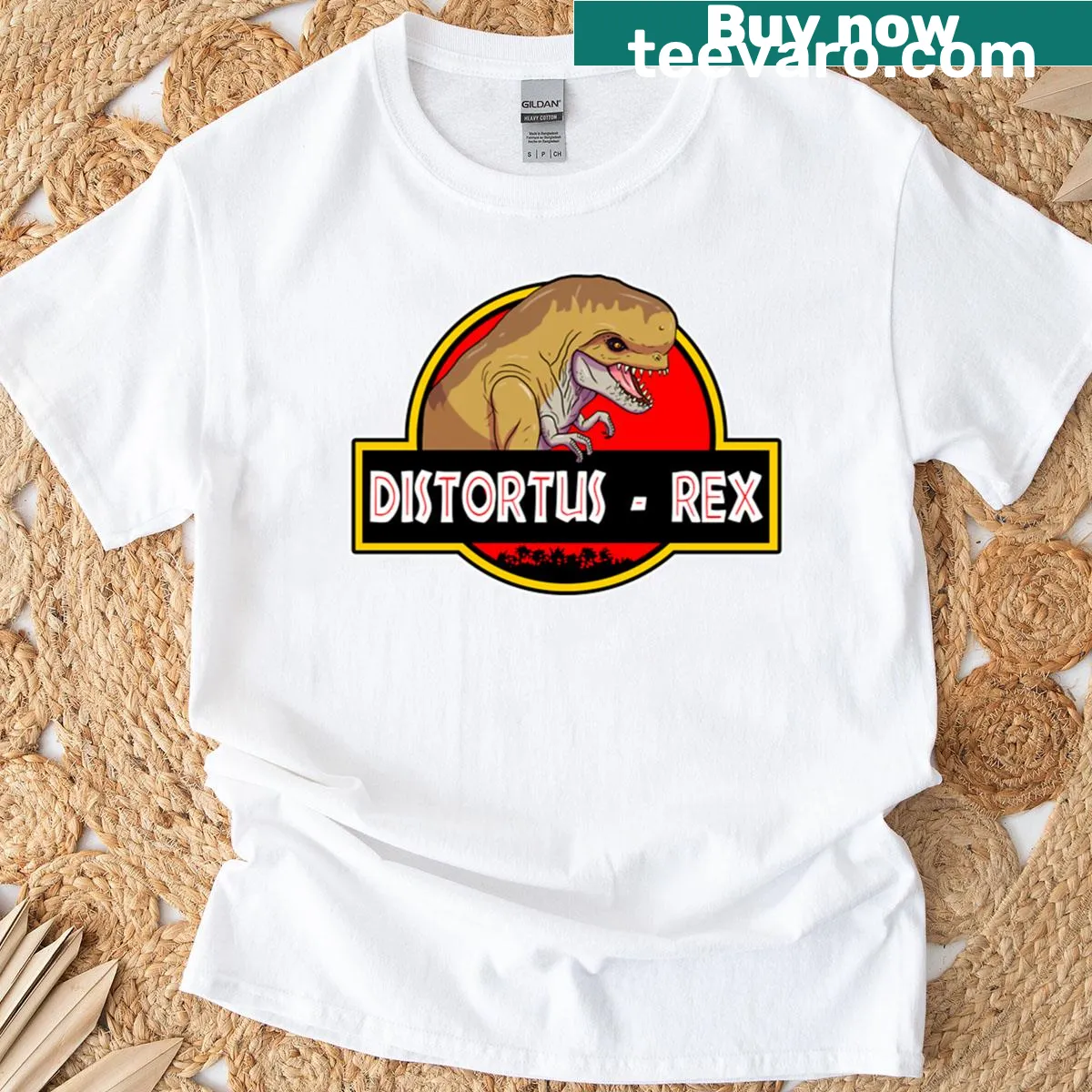 Dinosaur logo printed T-shirt featuring the Distortus Rex design — on a men's t-shirt
