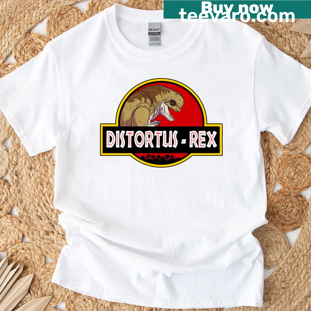 Illustrative T-shirt featuring a 'Distortus Rex' logo in a prehistoric theme — on a men's t-shirt