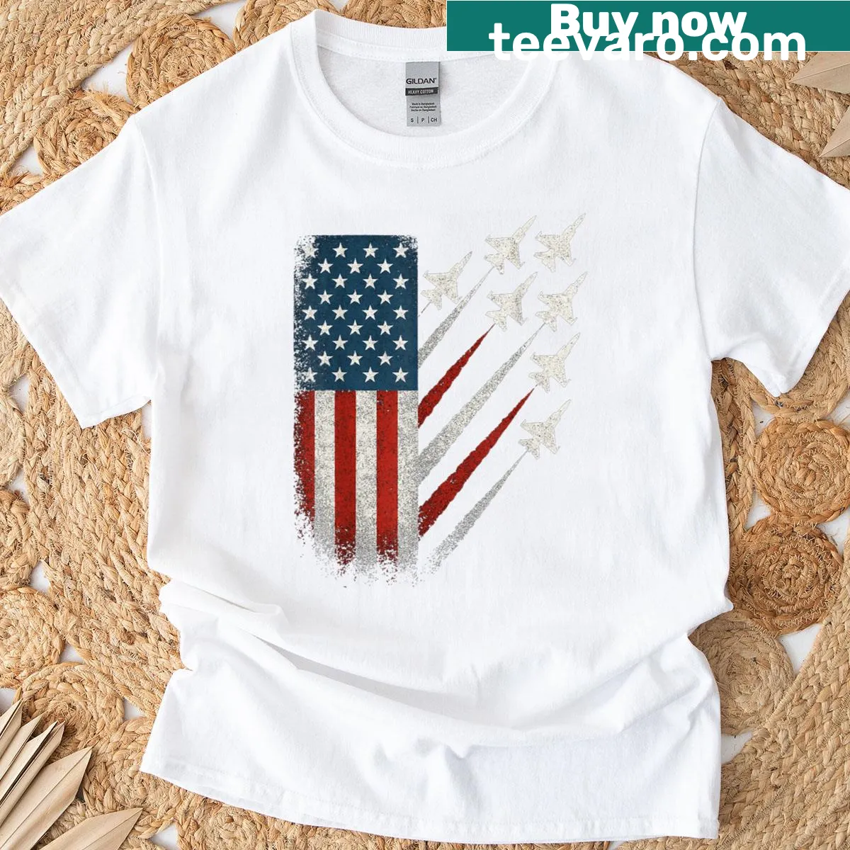 Vintage-style American flag t-shirt with jet formation graphic — on a men's t-shirt