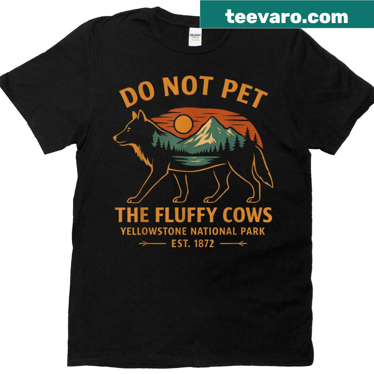 Funny Yellowstone T-shirt with a wolf and text about fluffy cows — on a men's t-shirt