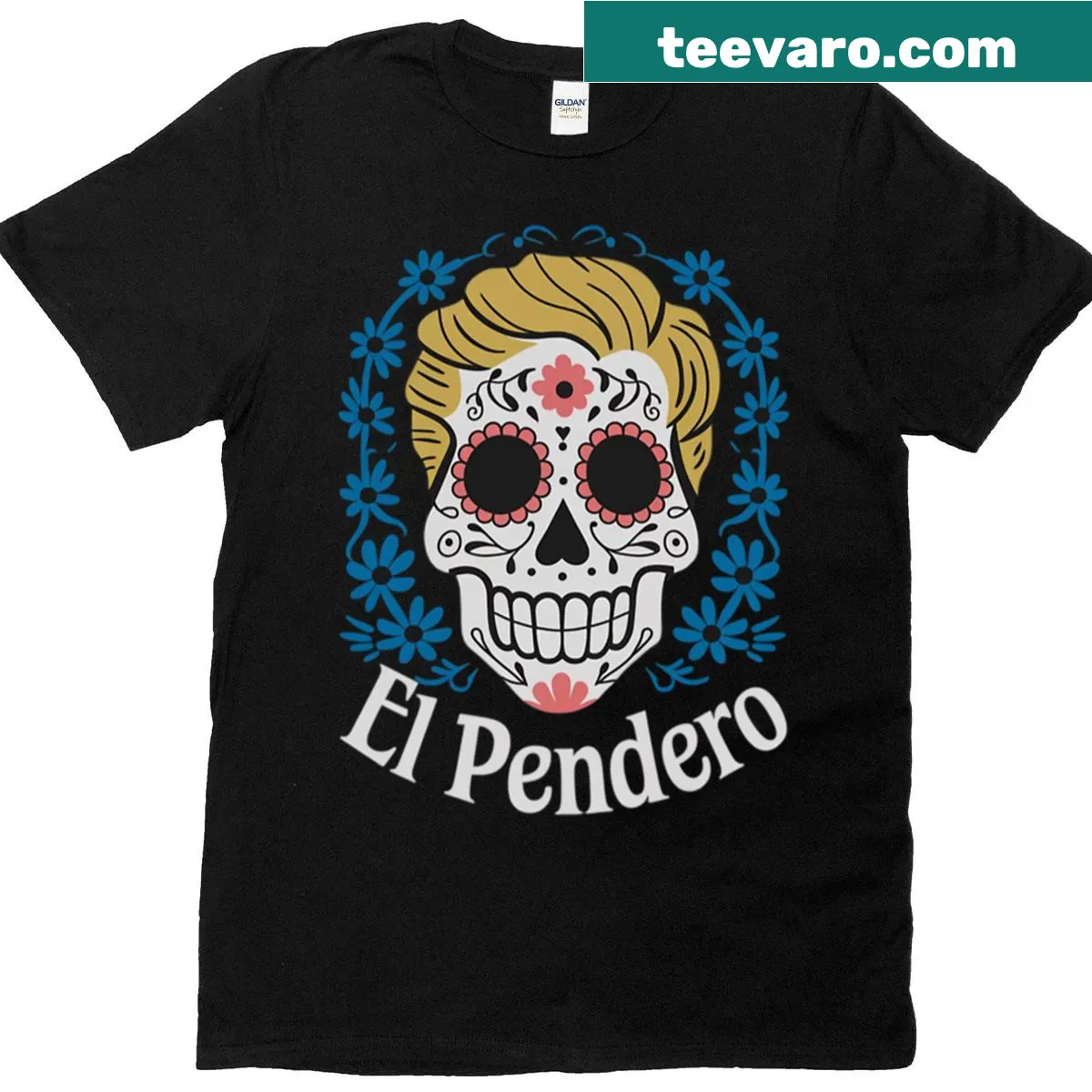 Illustrated sugar skull T-shirt with a humorous anti-Trump message for Dia De Los Muertos. — on a men's t-shirt