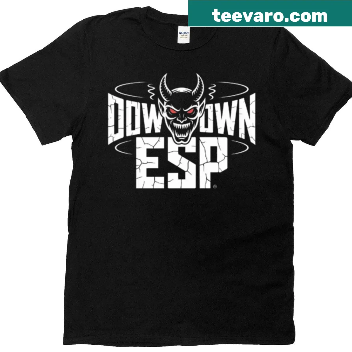 Gothic demon head graphic on a black t-shirt for rock and metal fans — on a men's t-shirt