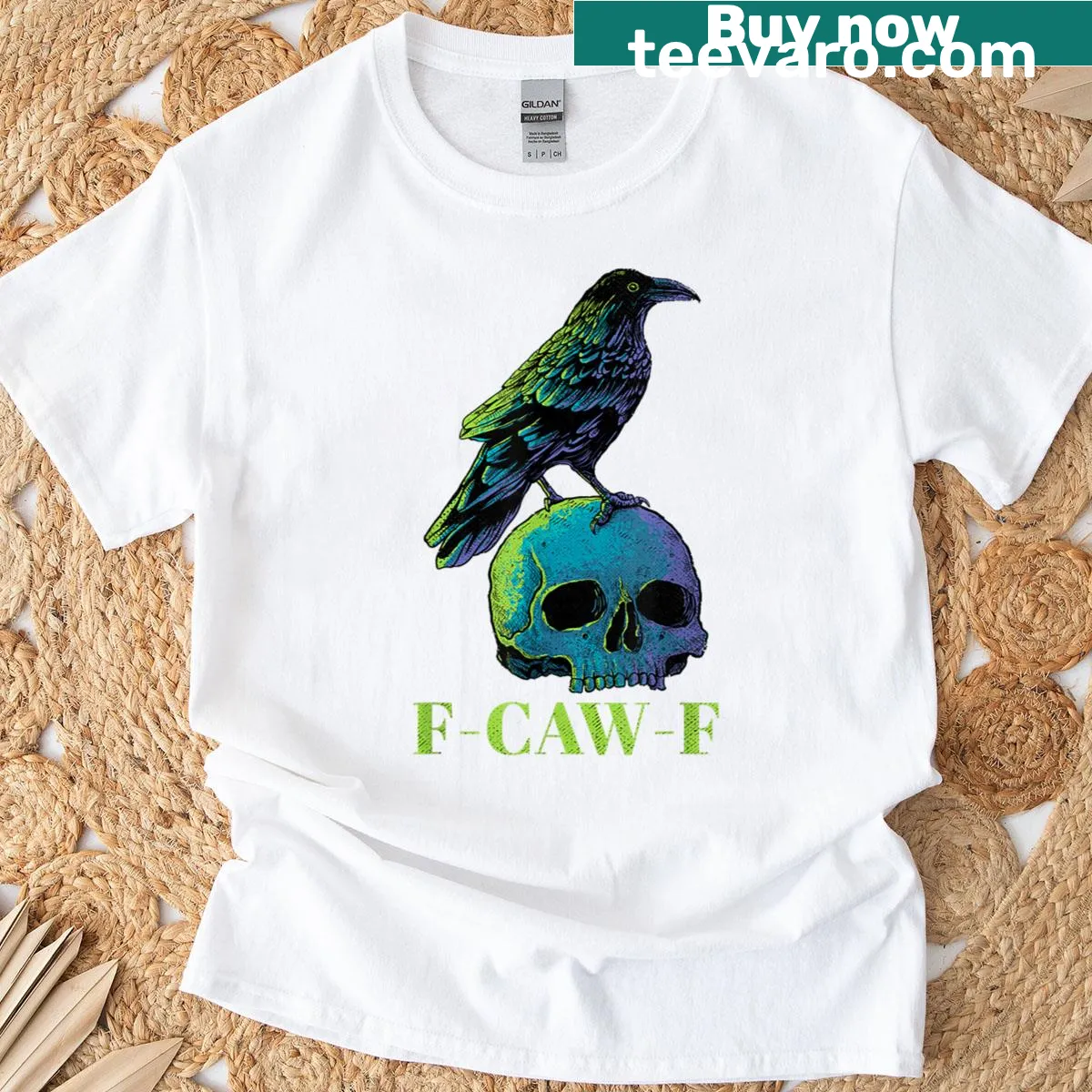 Gothic crow and skull printed t-shirt with sarcastic text — on a men's t-shirt