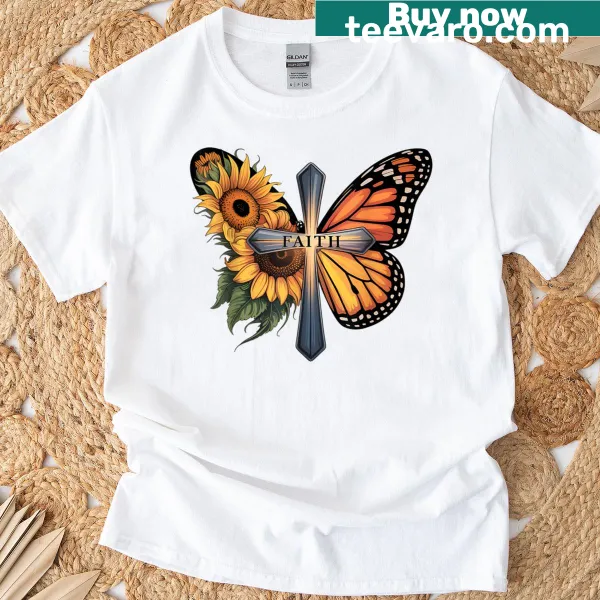 Vintage Christian T-shirt with cross, sunflower, and butterfly