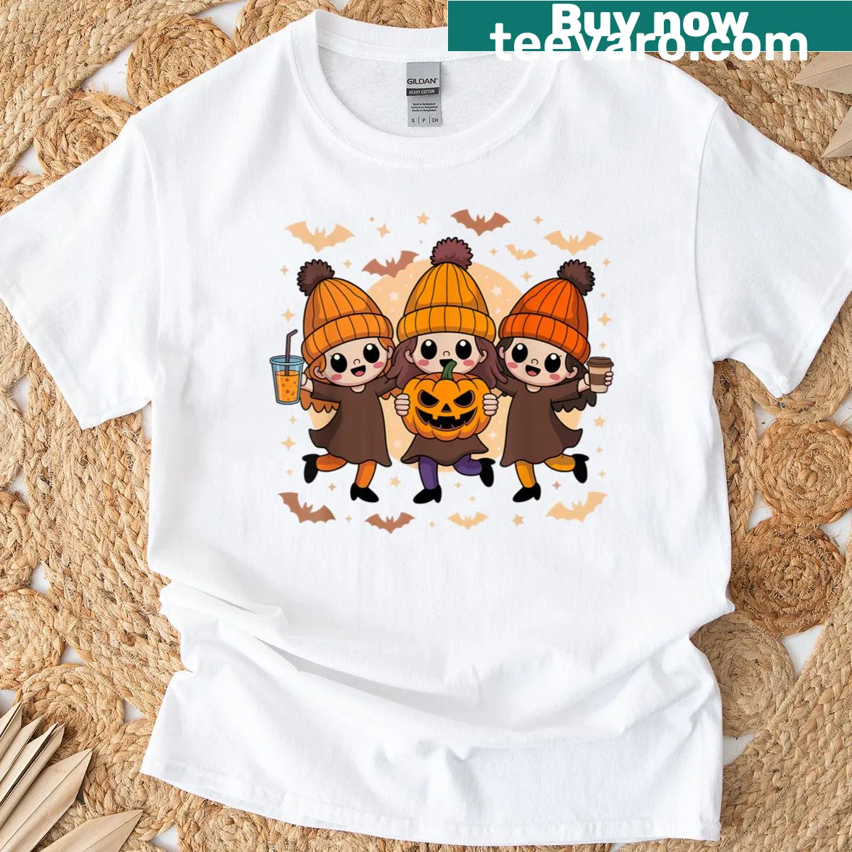 Vintage cartoon witch with coffee and pumpkin graphic printed T-shirt — on a men's t-shirt