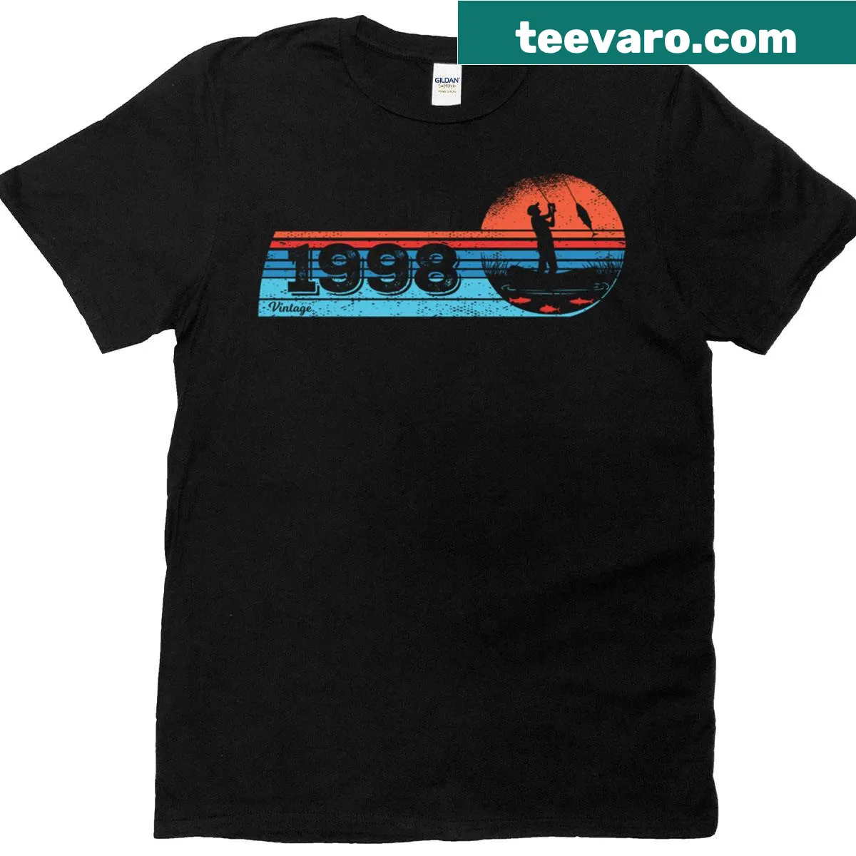 Vintage fishing-themed T-shirt with 1998 birth year graphics — on a men's t-shirt