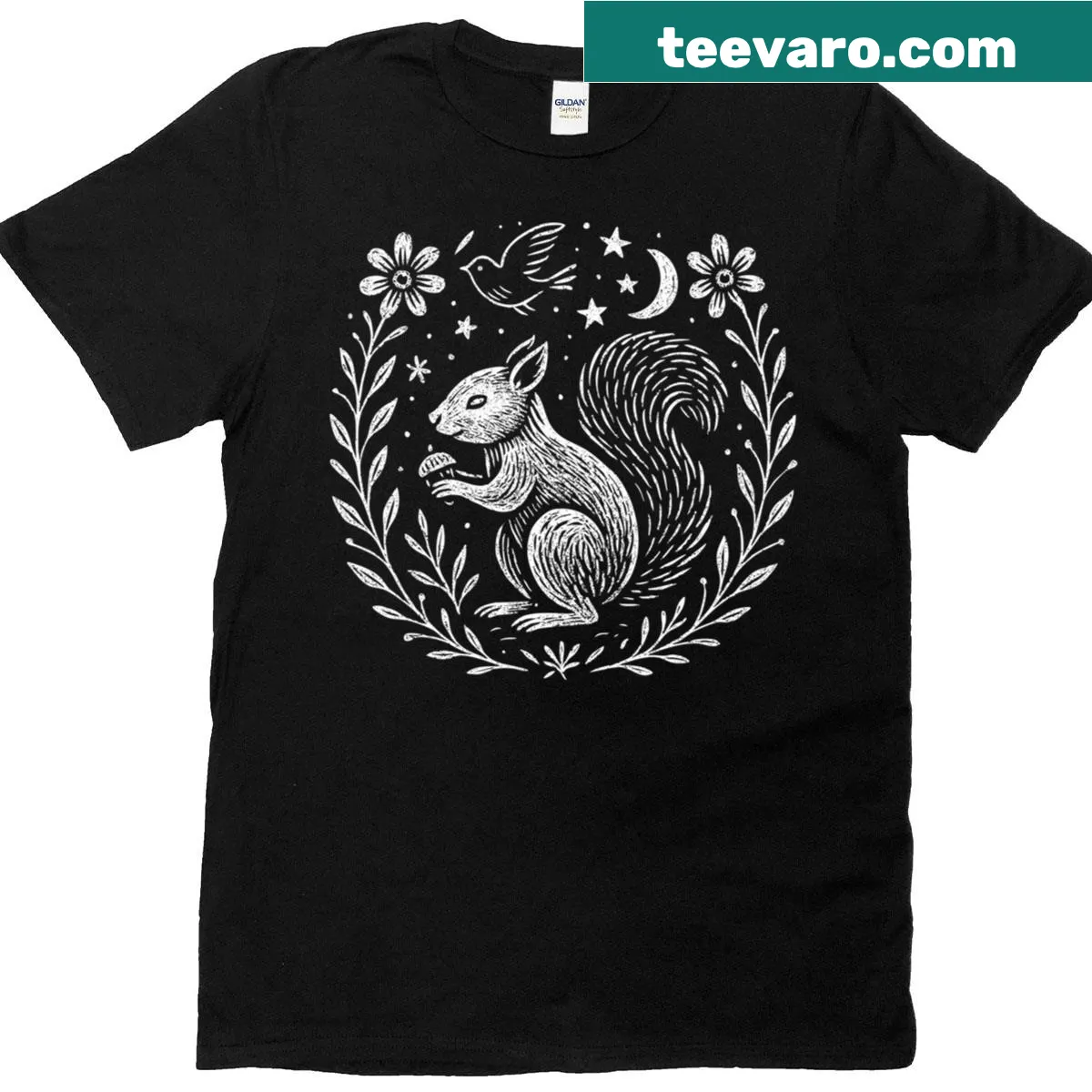 Whimsical folk art squirrel design on T-shirt. — on a men's t-shirt