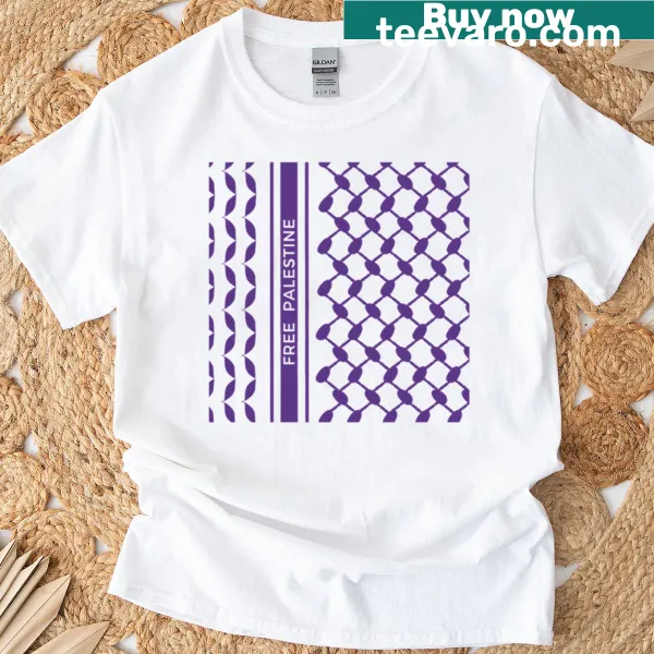 Kufiya pattern T-shirt with a message about Palestine