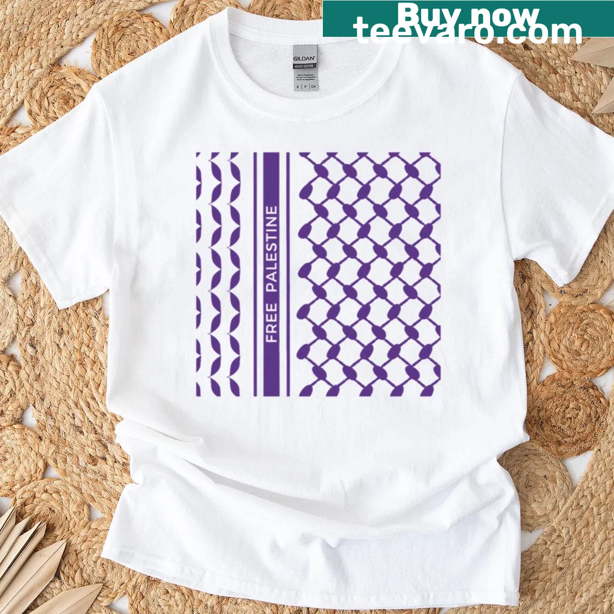 Kufiya pattern T-shirt with a message about Palestine — on a men's t-shirt