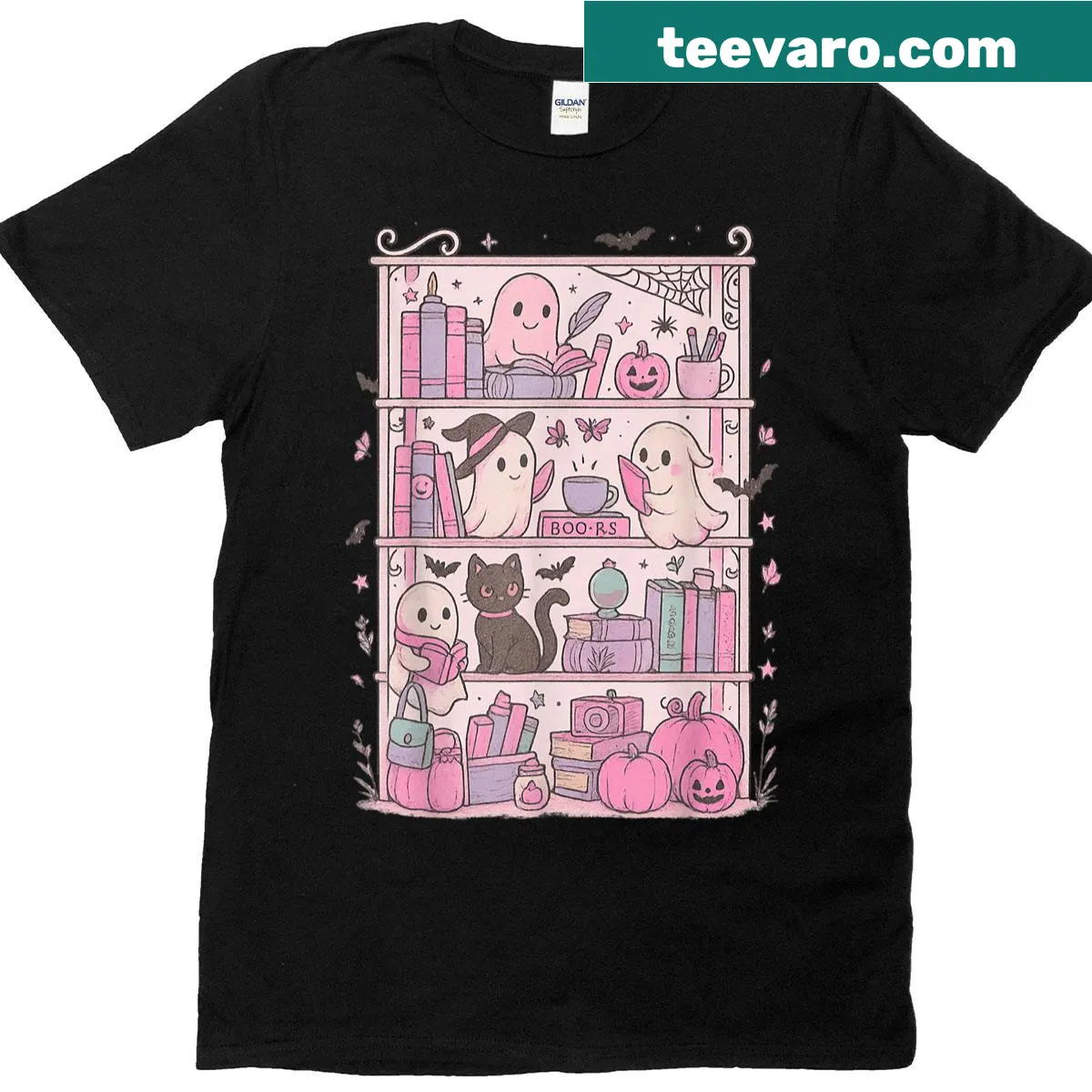 Whimsical black cat and ghosts on a bookshelf illustration for Halloween — on a men's t-shirt