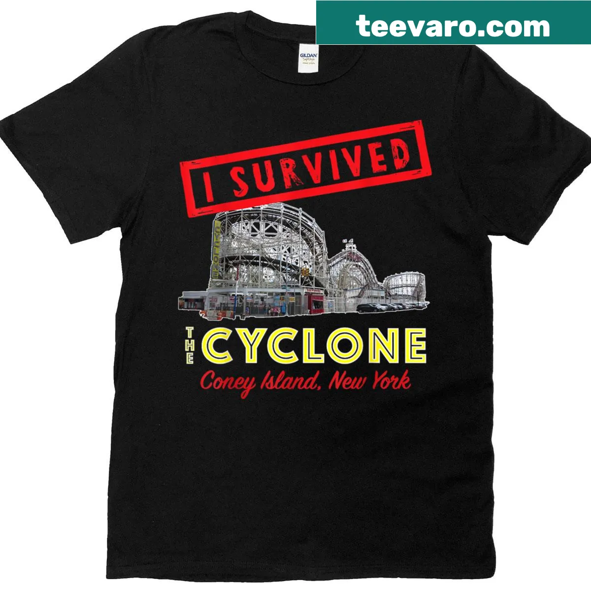 Vintage tee featuring the Cyclone roller coaster with humorous text. — on a men's t-shirt