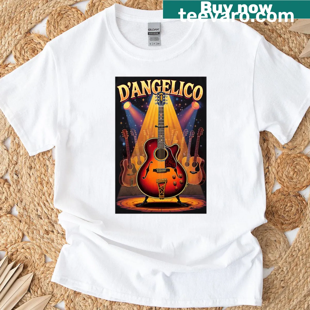 Illustration of a Dangelico guitar spotlighted with humorous text — on a men's t-shirt