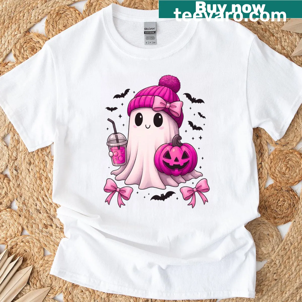 Cartoon ghost graphic with fall pumpkins printed T-shirt — on a men's t-shirt
