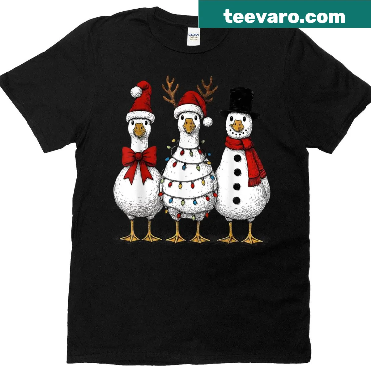 Cartoon goose design with Christmas lights for a festive theme. — on a men's t-shirt