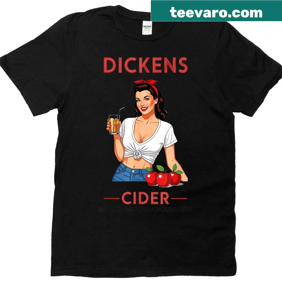 Vintage pinup graphic with a humorous cider theme — on a men's t-shirt