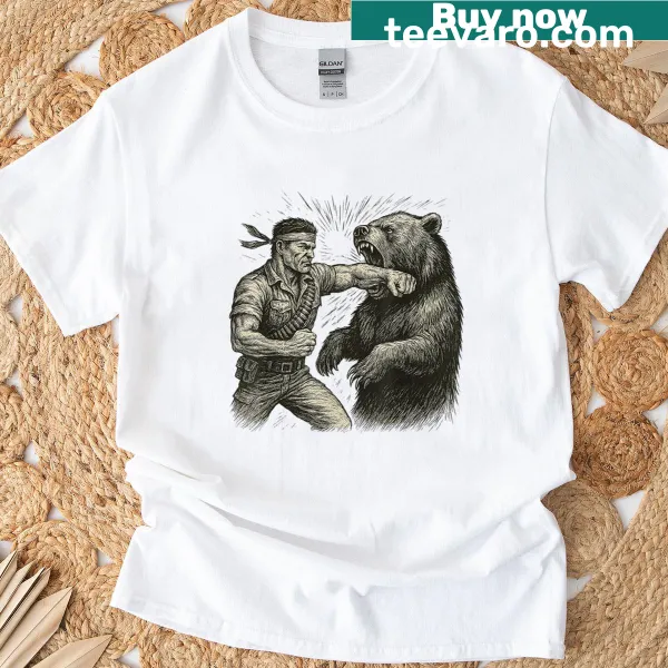 Funny vintage t-shirt featuring a man punching a bear in a humorous design