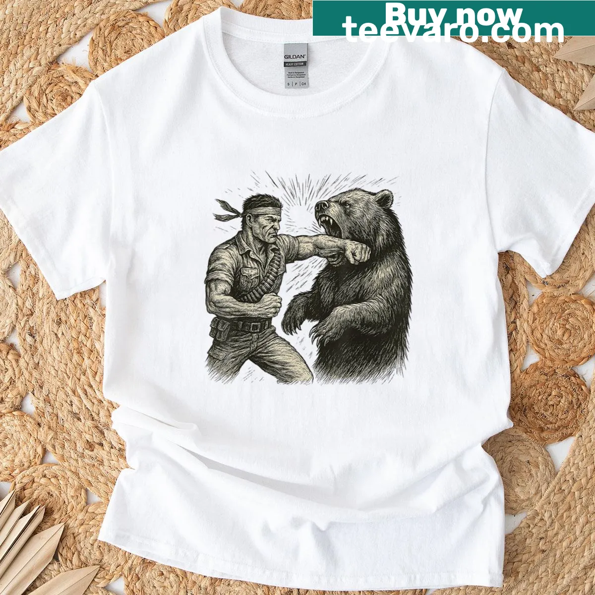 Funny vintage t-shirt featuring a man punching a bear in a humorous design — on a men's t-shirt
