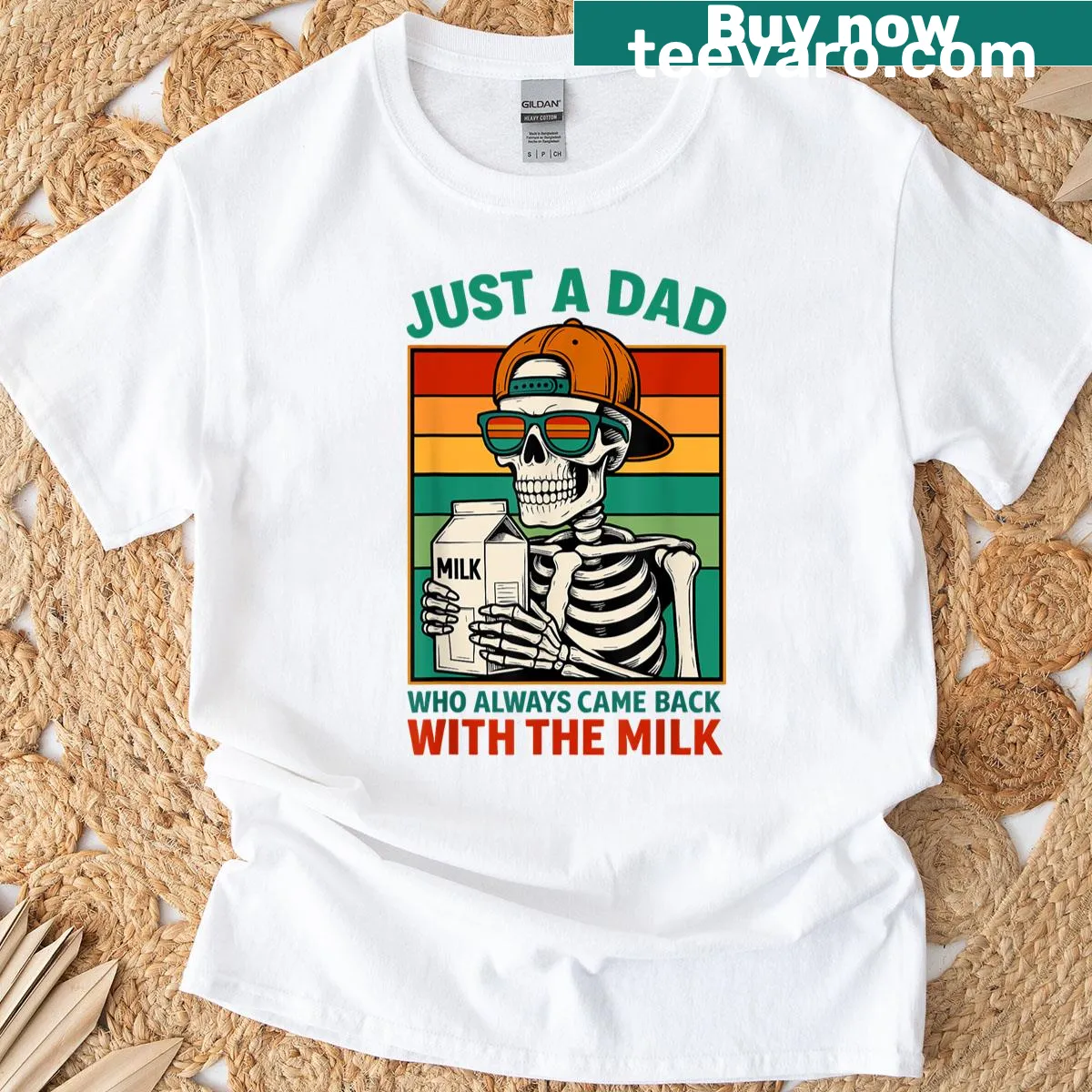 Retro skeleton dad t-shirt with a humorous milk meme design — on a men's t-shirt