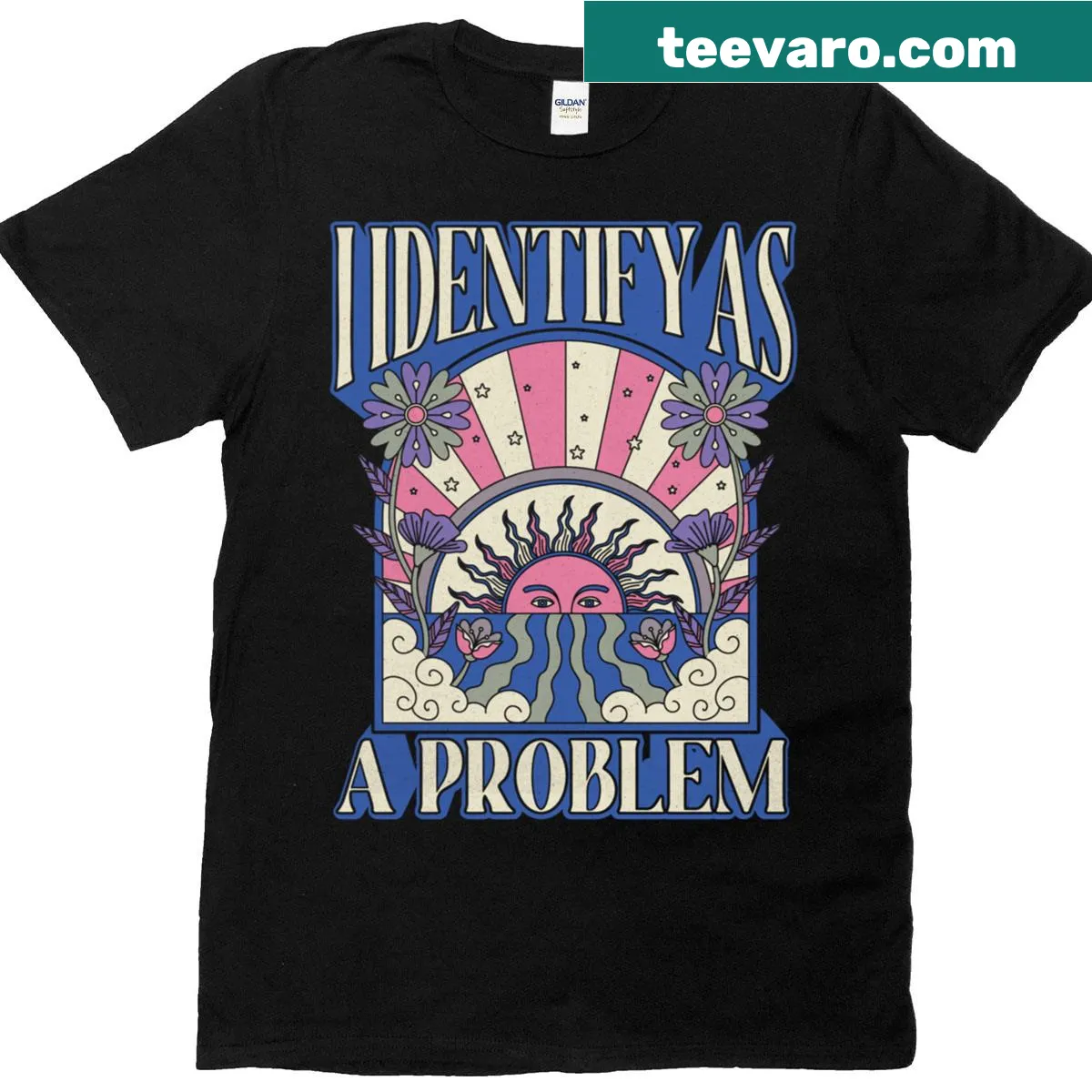 Sarcastic women’s T-shirt with humorous quote about identifying as a problem — on a men's t-shirt