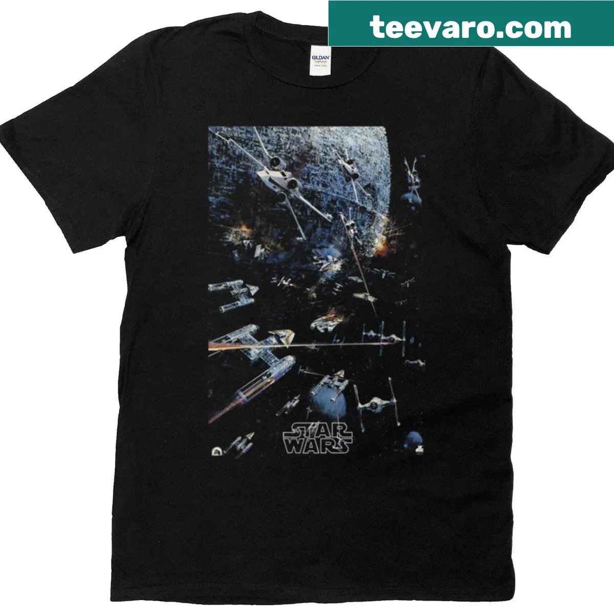 Galactic war scene with spaceships on T-shirt. — on a men's t-shirt