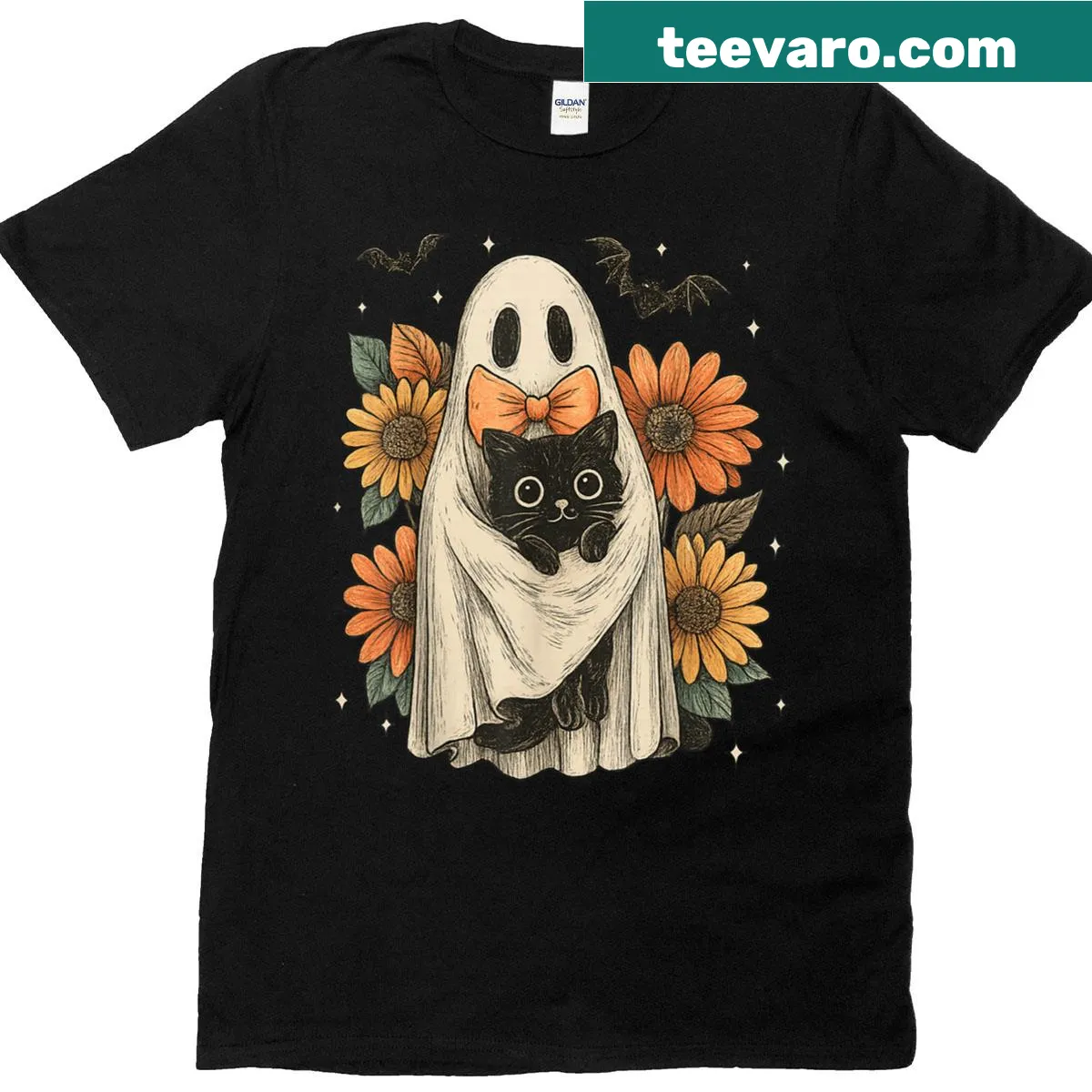 Illustration of a ghost black cat with floral accents on a t-shirt — on a men's t-shirt