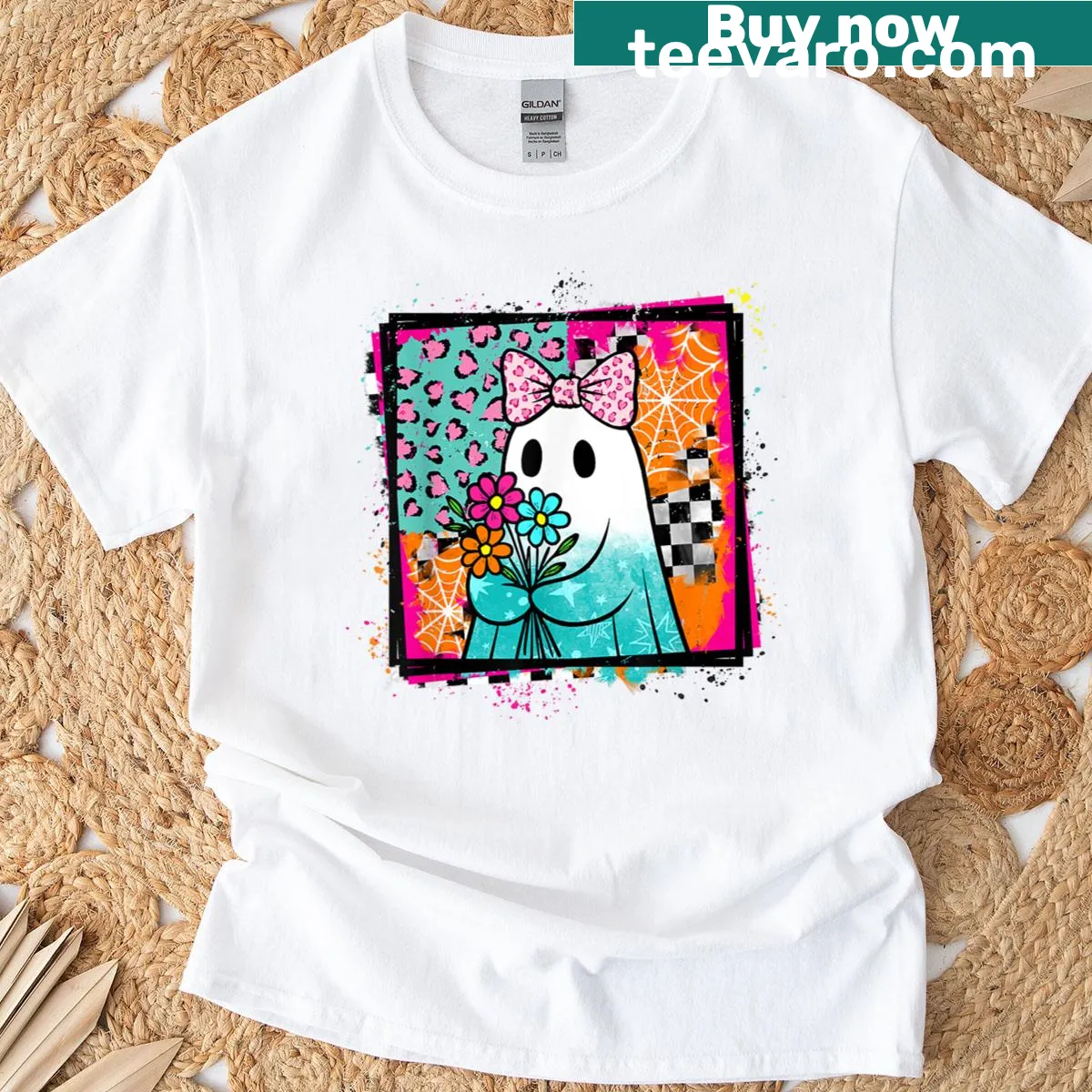 Cute ghost with floral bow Halloween design — on a men's t-shirt