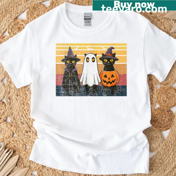 A ghost holding a black cat in a humorous Halloween design