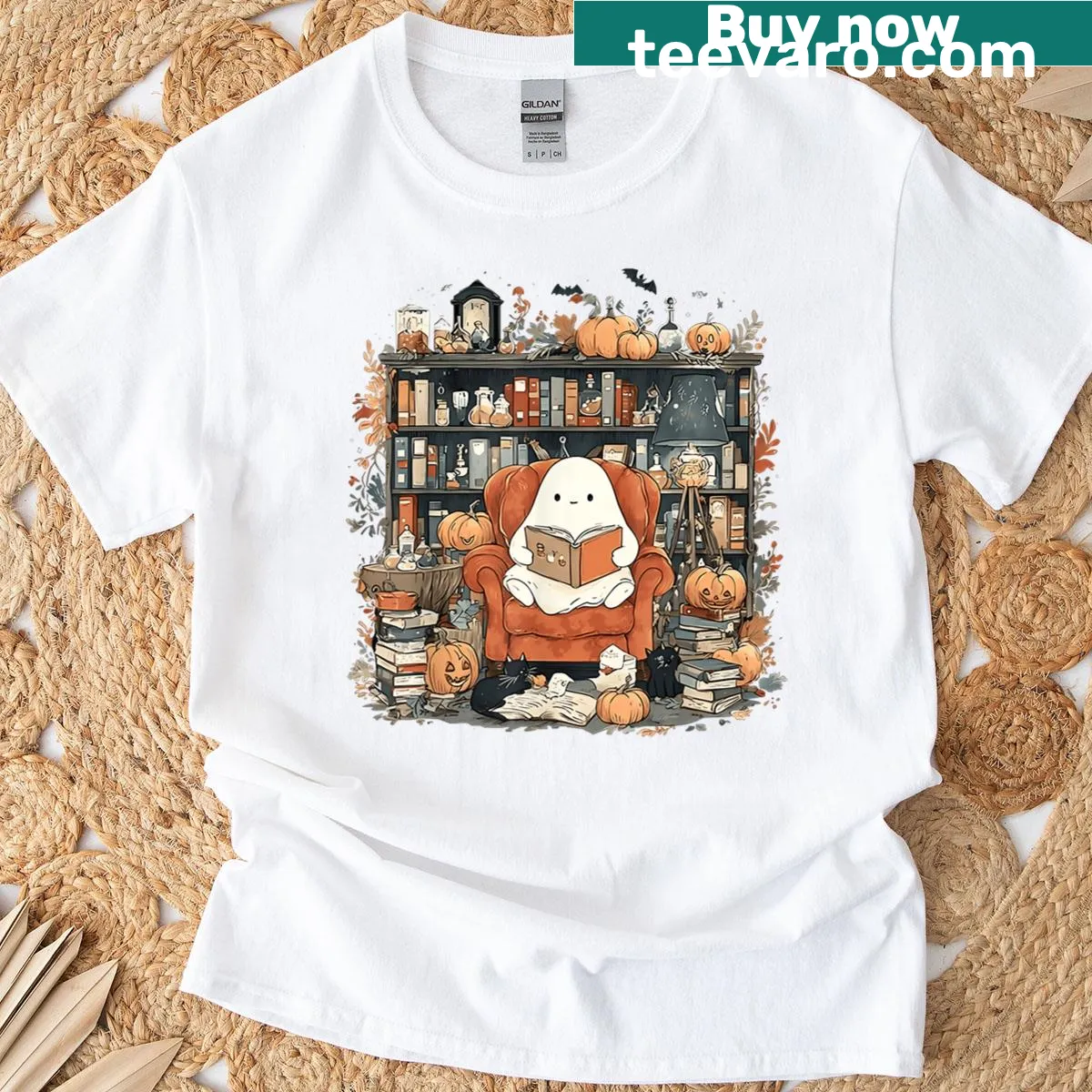 Playful ghost reading books Halloween design — on a men's t-shirt