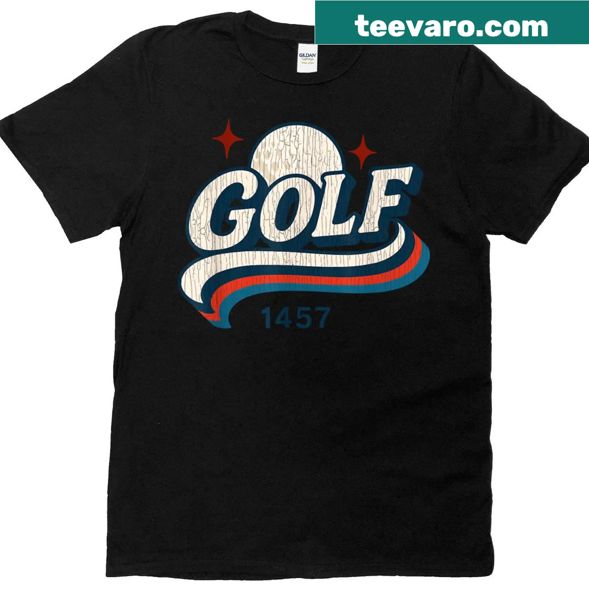 Vintage distressed Golf 1457 varsity T-shirt with classic lettering — on a men's t-shirt