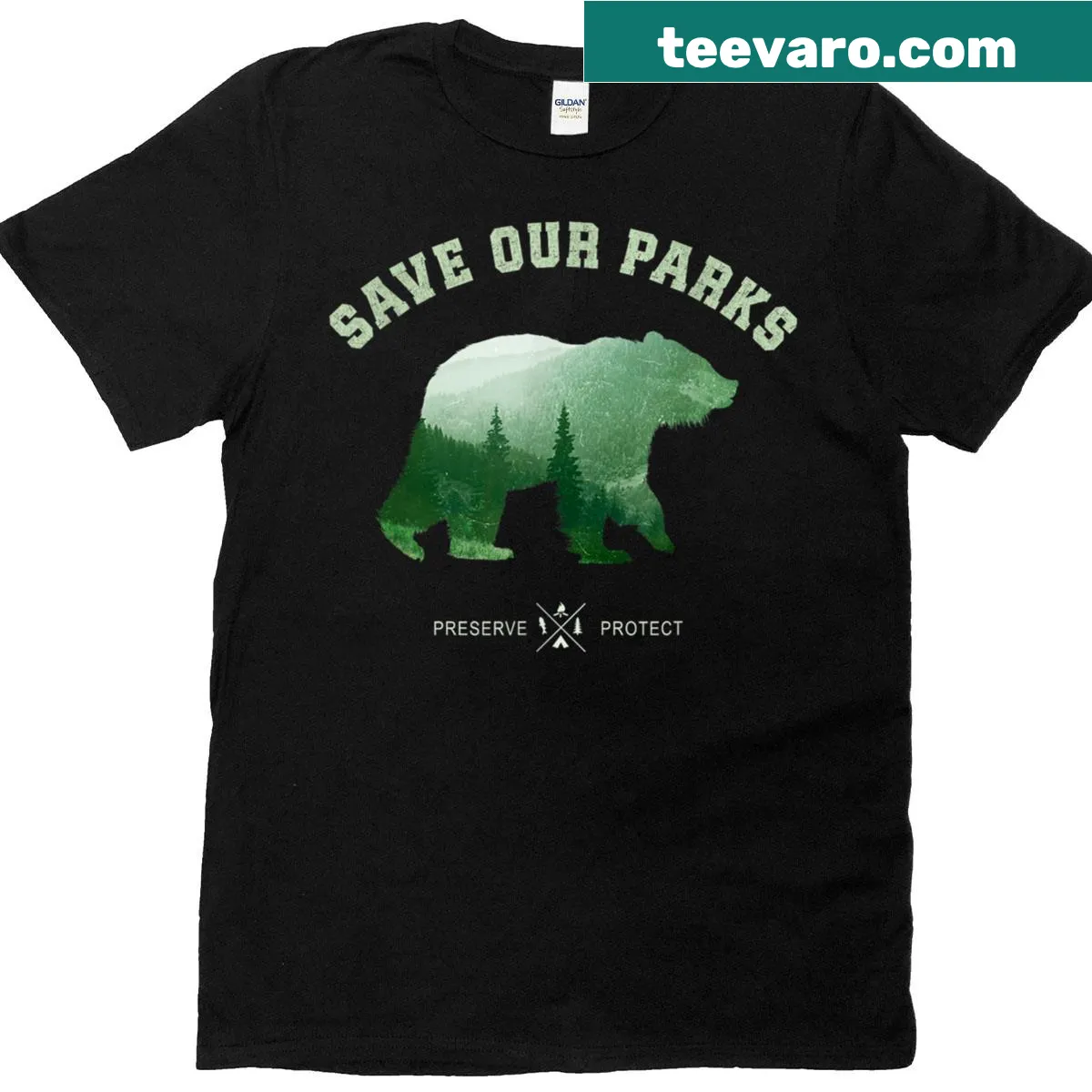 Green bear silhouette in a forest design on a T-shirt — on a men's t-shirt