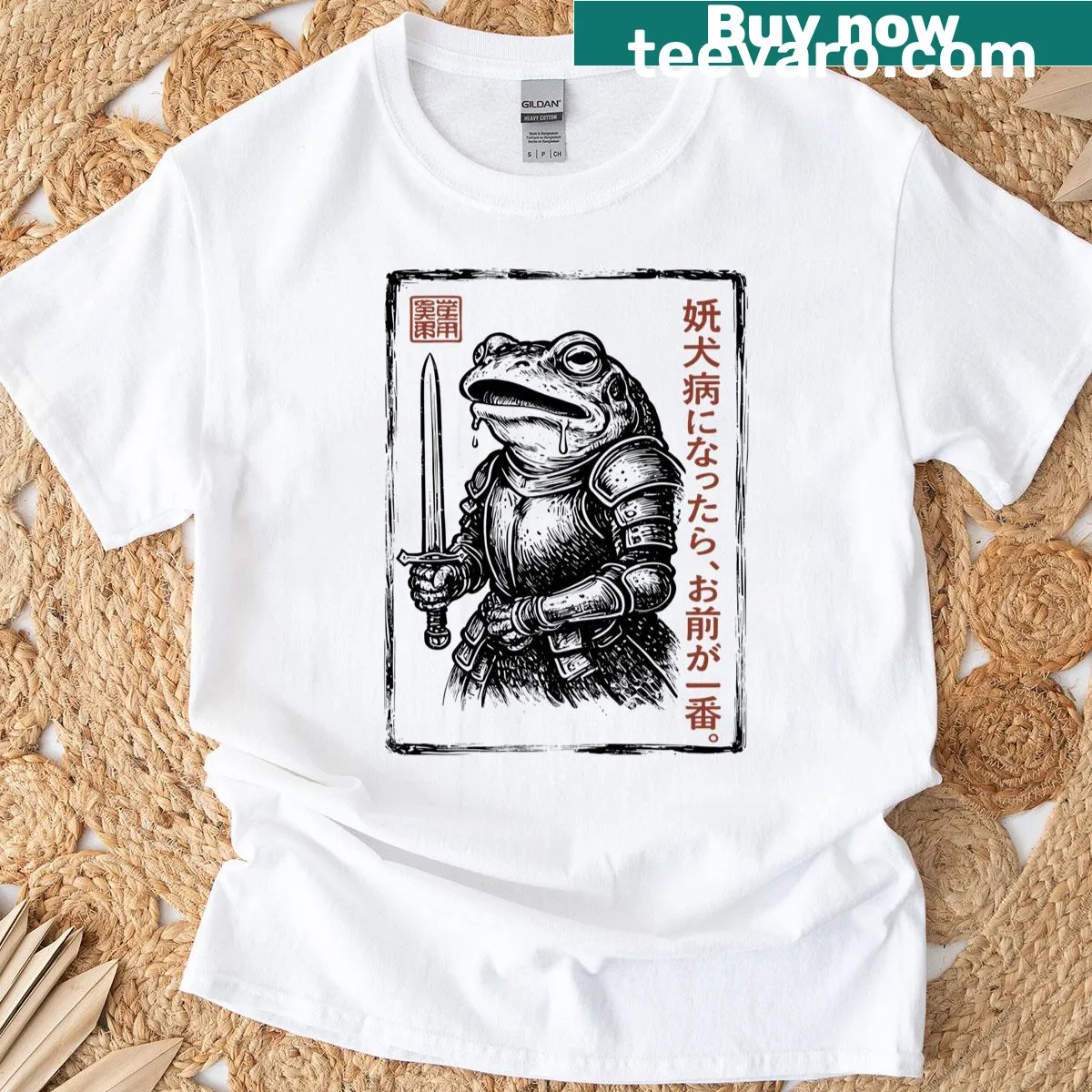 Grumpy frog design with rabies warning in Ukiyo-e style — on a men's t-shirt