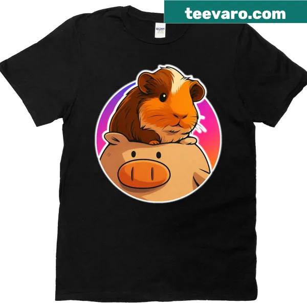 Cartoon guinea pig riding an angry pig on a t-shirt