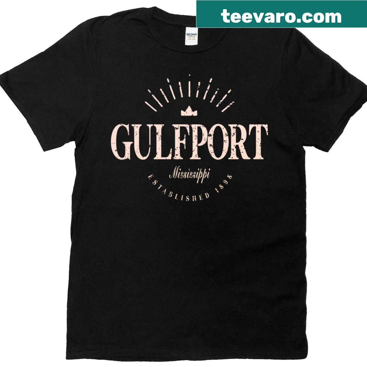 Minimalist T-shirt featuring a silhouette of Gulfport, Mississippi — on a men's t-shirt