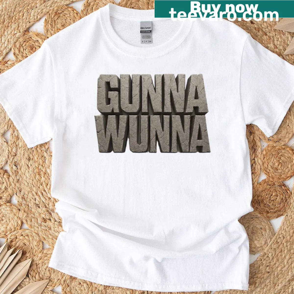 Oversized t-shirt featuring Gunna's stone logo design — on a men's t-shirt