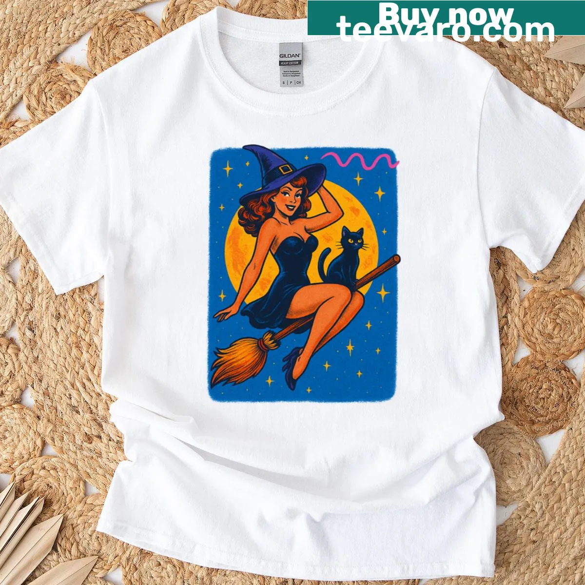 Pinup witch riding broom with black cat Halloween design — on a men's t-shirt