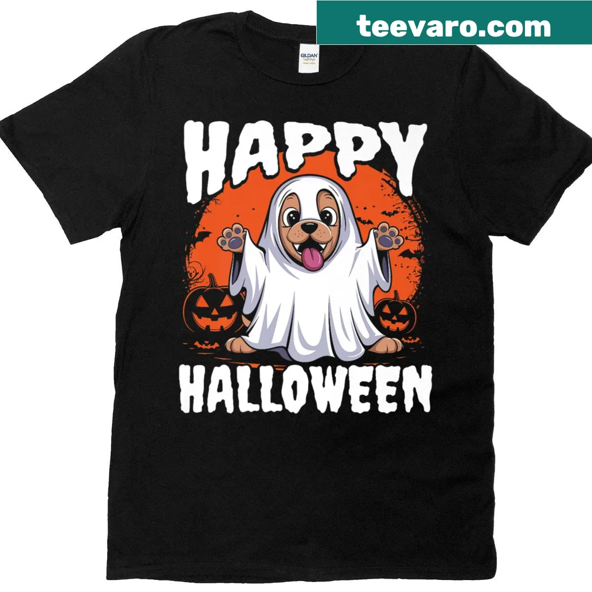 Cute Halloween-themed T-shirt with ghost puppies and pumpkins — on a men's t-shirt