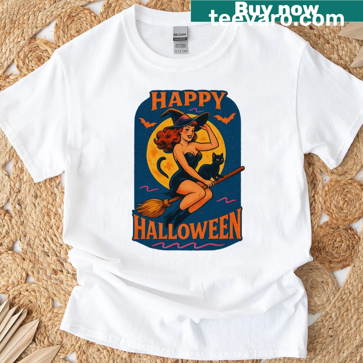 Cheerful witch pinup riding broom with cat Halloween design — on a men's t-shirt