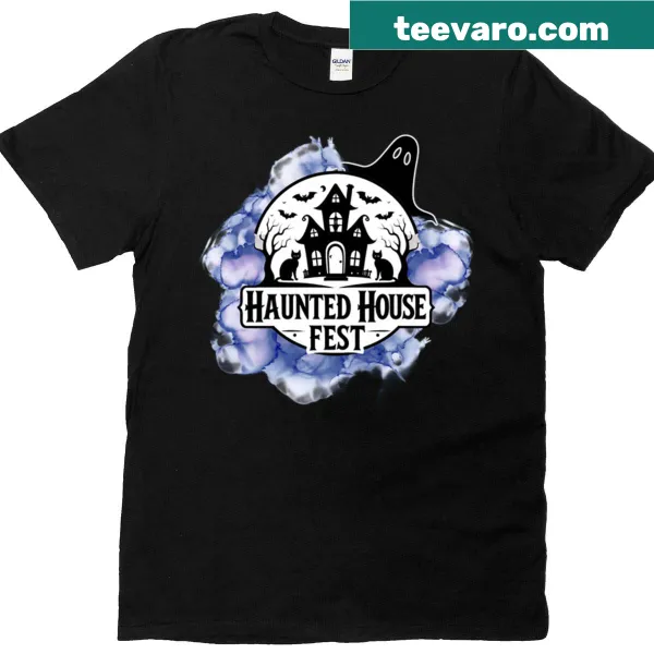 Gothic Halloween-themed oversized T-shirt with haunted house design