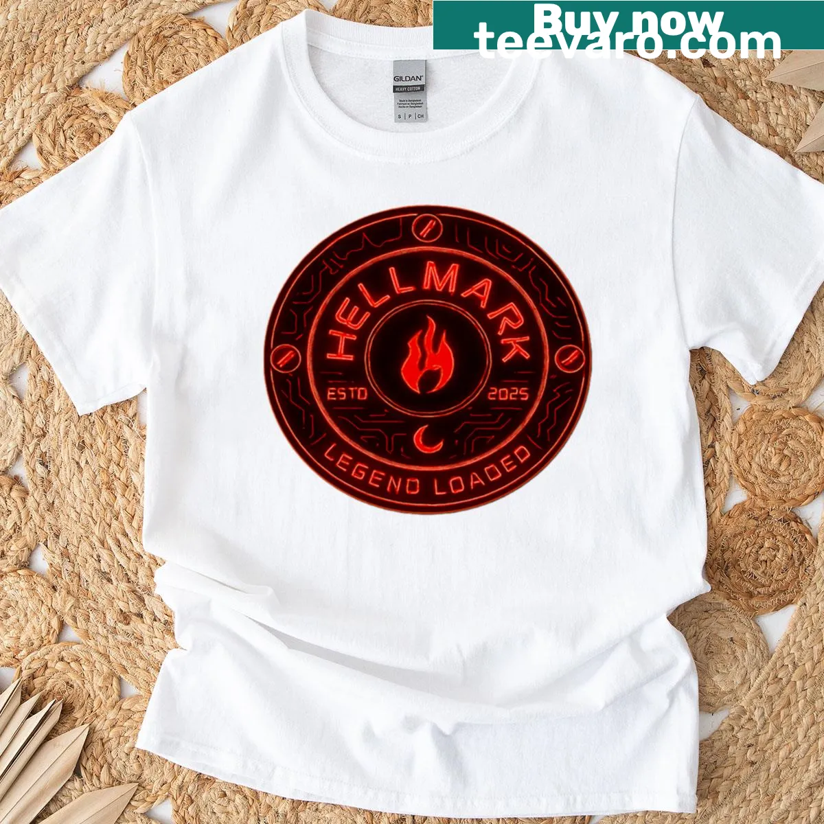 Graphic tee featuring Hellmark Designs logo and slogan — on a men's t-shirt