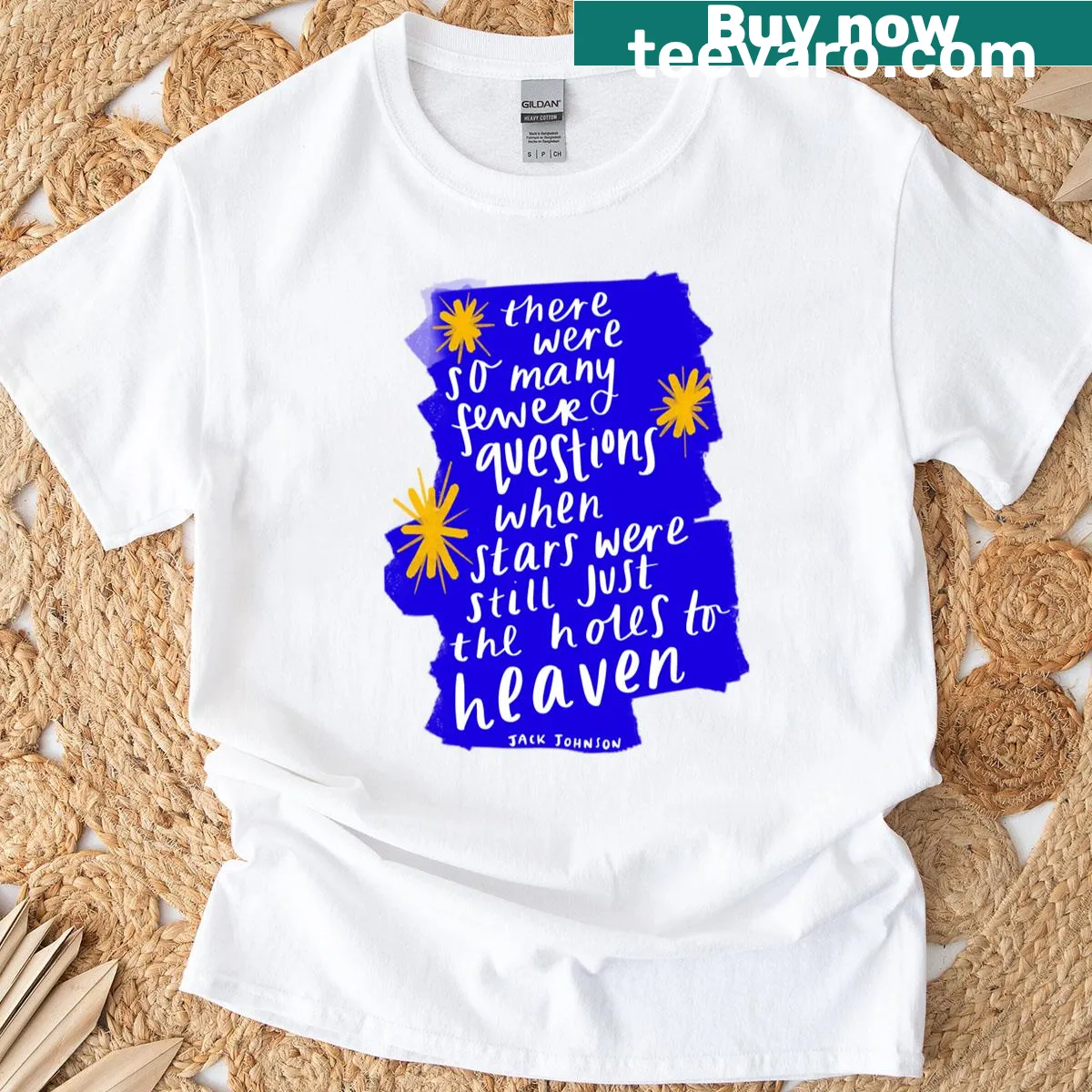 Whimsical landscape graphic depicting holes to heaven design — on a men's t-shirt