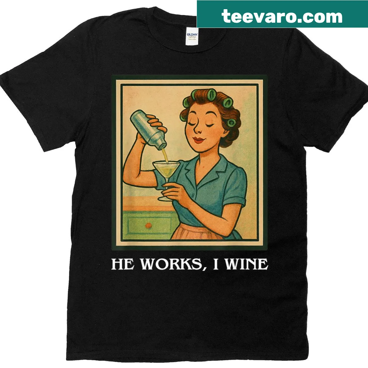 Vintage-style humorous housewife t-shirt about wine — on a men's t-shirt